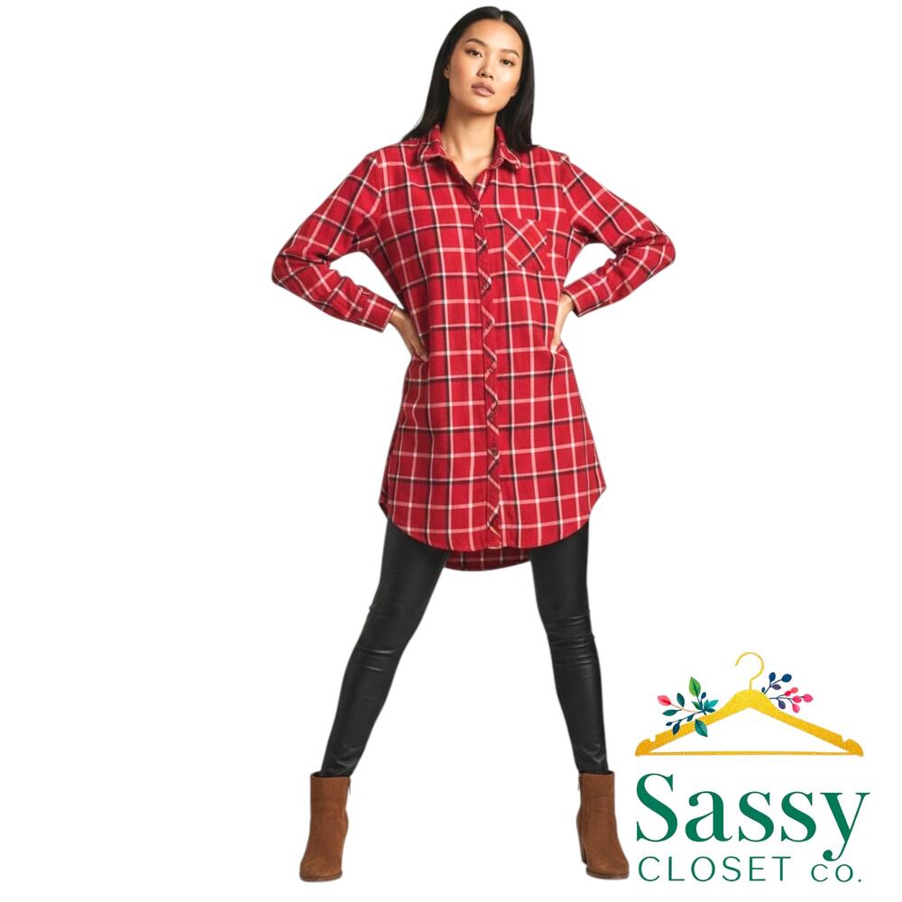 J JILL Red Plaid Cotton Flannel Tunic M Side Pockets Button Down Curved Hem EUC